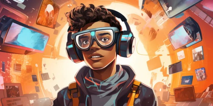 Animated character with headphones surrounded by screens