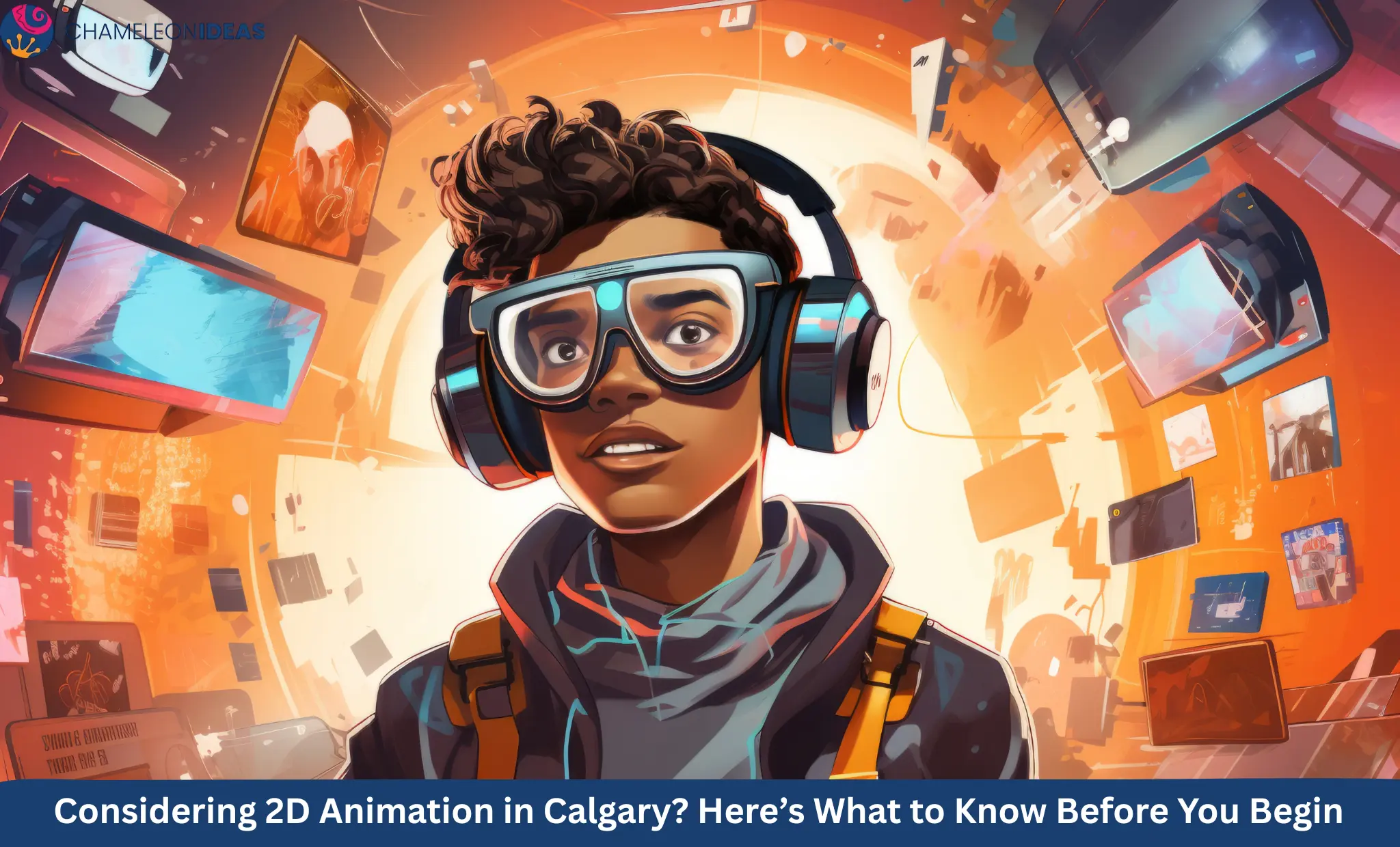 Animated character with headphones surrounded by screens