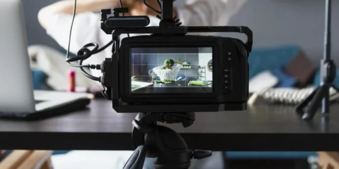 Professional video camera on tripod filming workspace scene