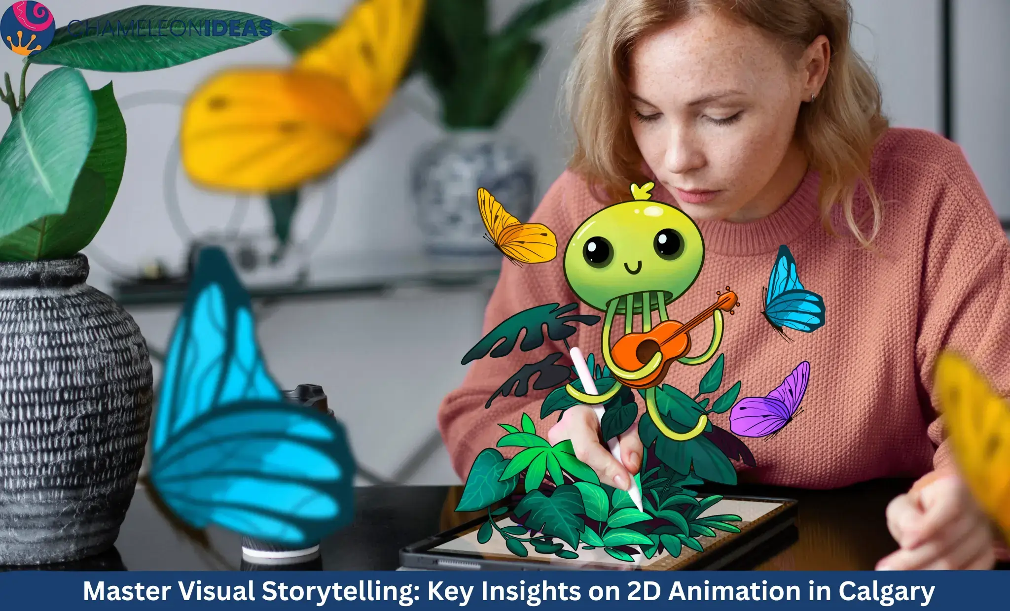 Woman using tablet with animated green character playing guitar surrounded by colorful butterflies and plants for visual story animation