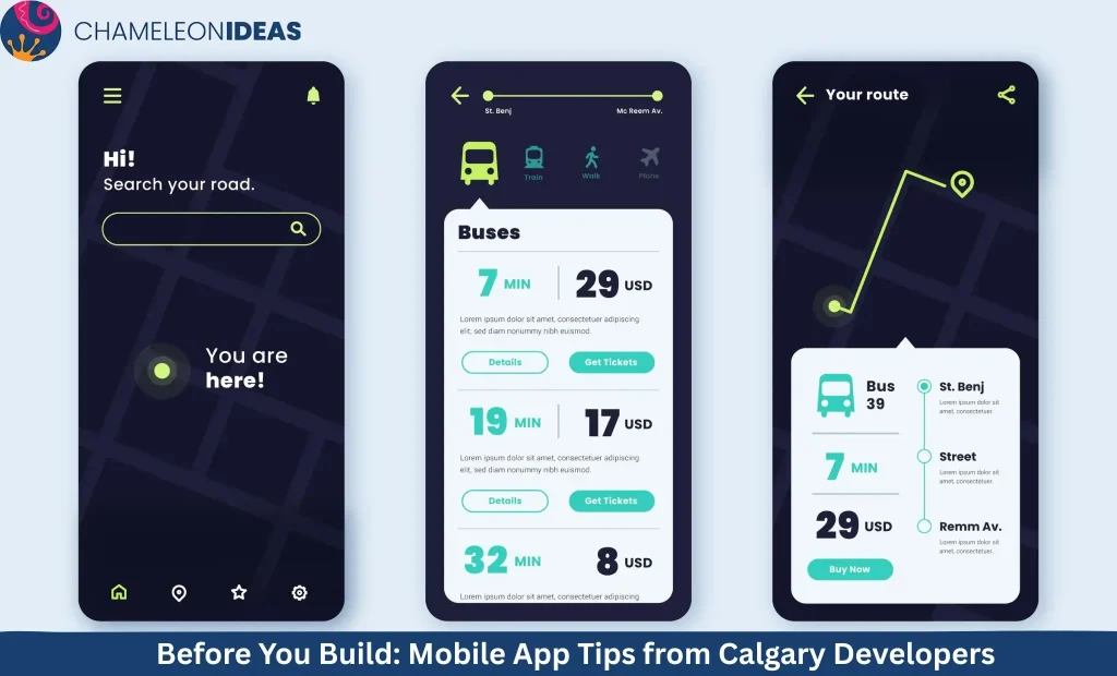 Three mobile app screens showing transportation app interface with search, bus routes, pricing, and navigation features for app development