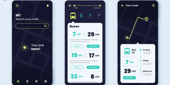 Three mobile app screens showing transportation app interface with search, bus routes, pricing, and navigation features for app development