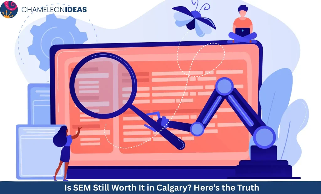 Search Engine Marketing illustration showing laptop with magnifying glass, analytics tools, and people working on SEO optimization