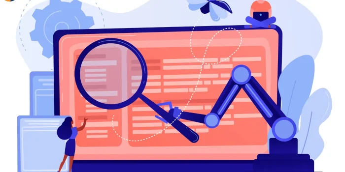 Search Engine Marketing illustration showing laptop with magnifying glass, analytics tools, and people working on SEO optimization