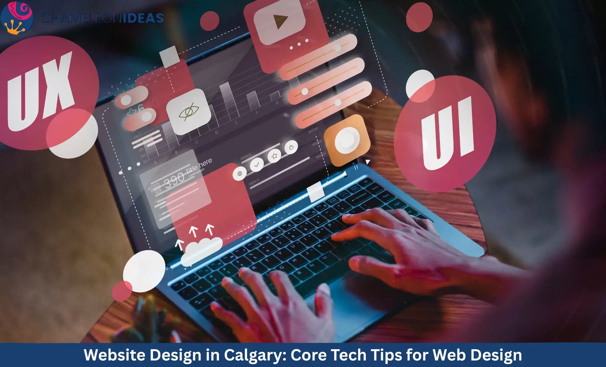 Person typing on laptop with floating UI elements and design icons showing website design process