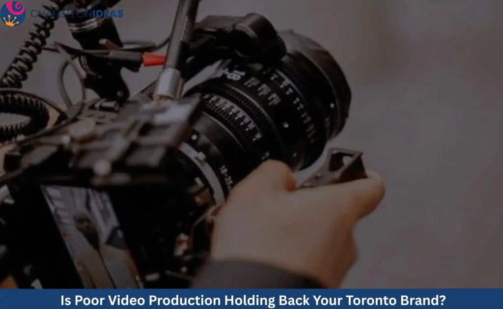 Professional camera with monitor rig held by operator hands