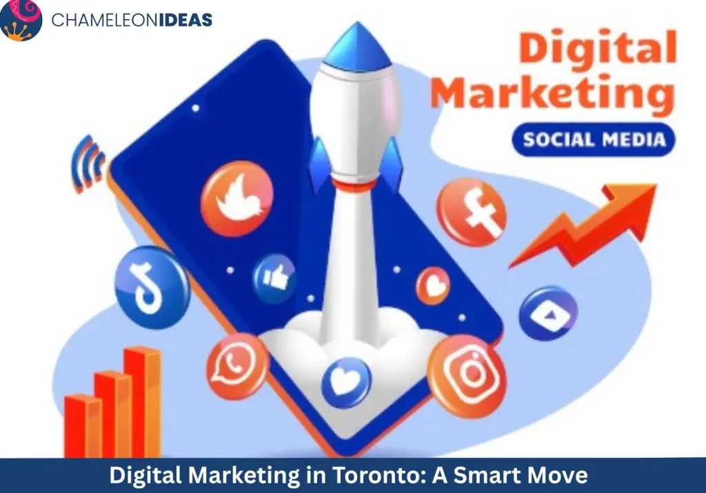 Digital marketing rocket with phone and social media icons
