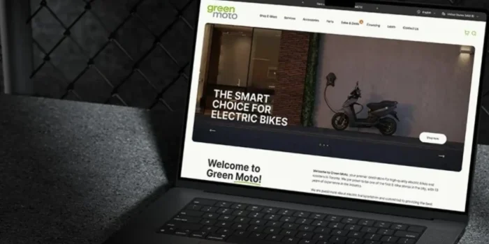 Laptop displaying Green Moto electric bike website design