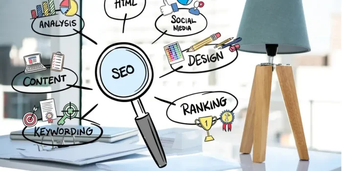 SEO strategy diagram with magnifying glass and service bubbles