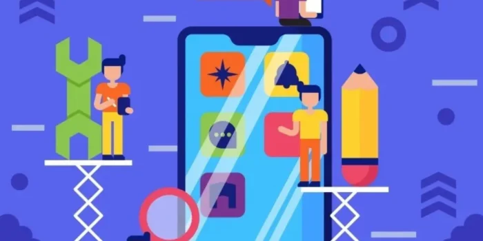 Colorful mobile app development illustration with developers