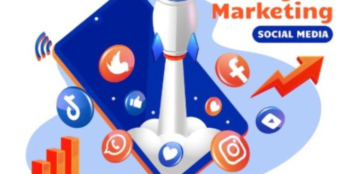 Digital marketing rocket with phone and social media icons