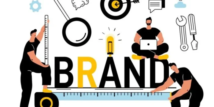 Brand building illustration with people and measuring tools