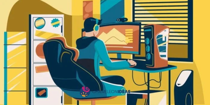 Person working at computer desk in colorful home office
