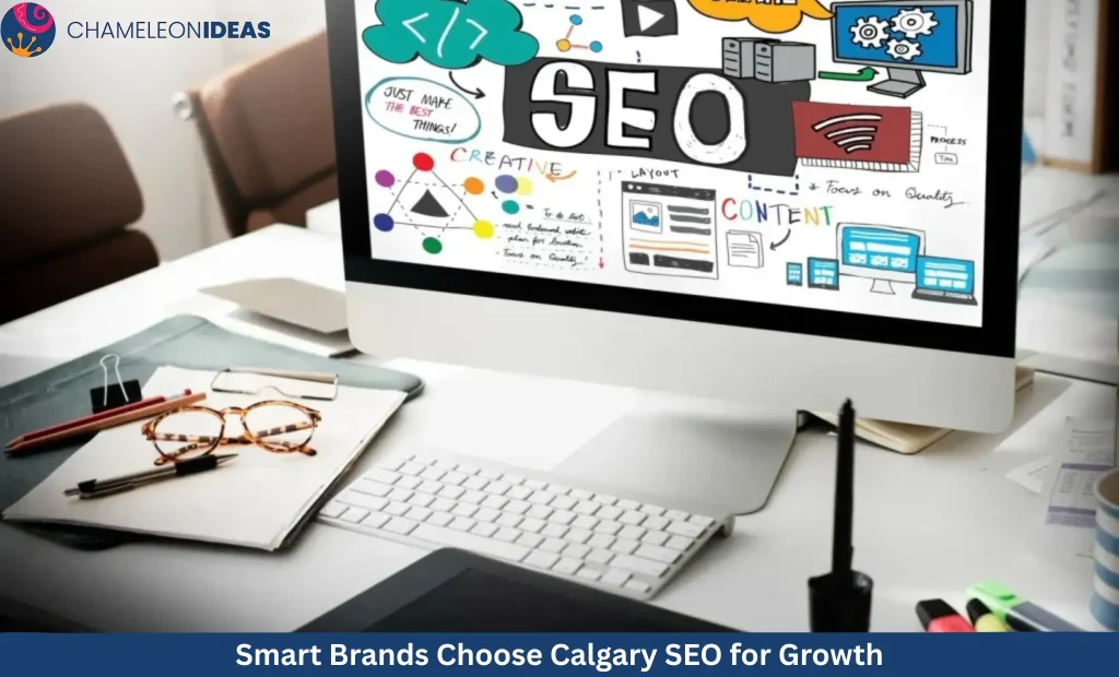 Desktop computer displaying SEO infographic in office setup