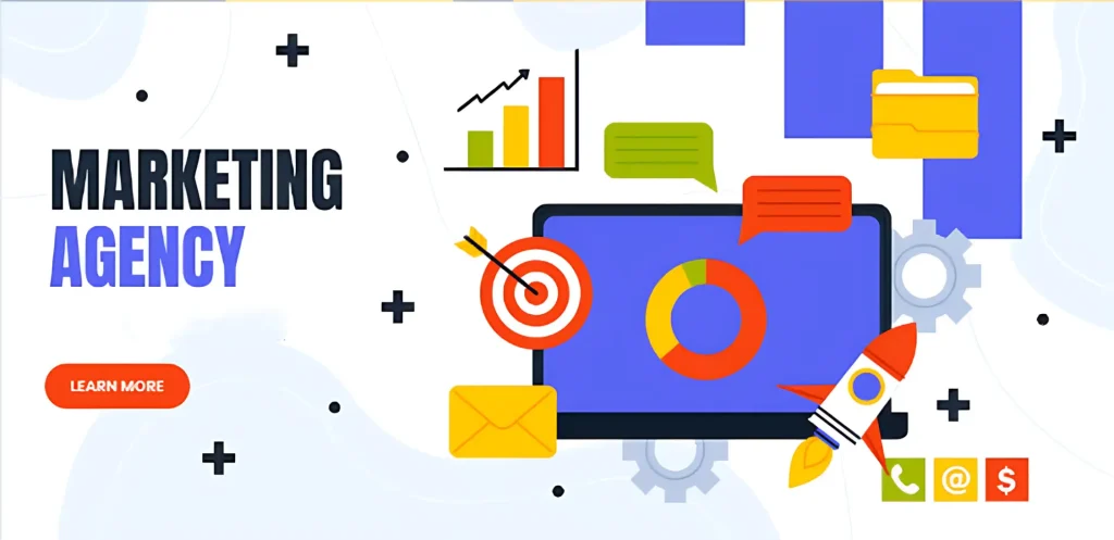 Marketing agency graphic with digital icons and learn more