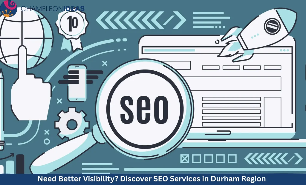 SEO Services in Durham Region illustration with magnifying glass, website interface, and digital marketing tools