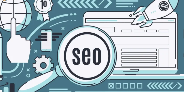 SEO Services in Durham Region illustration with magnifying glass, website interface, and digital marketing tools