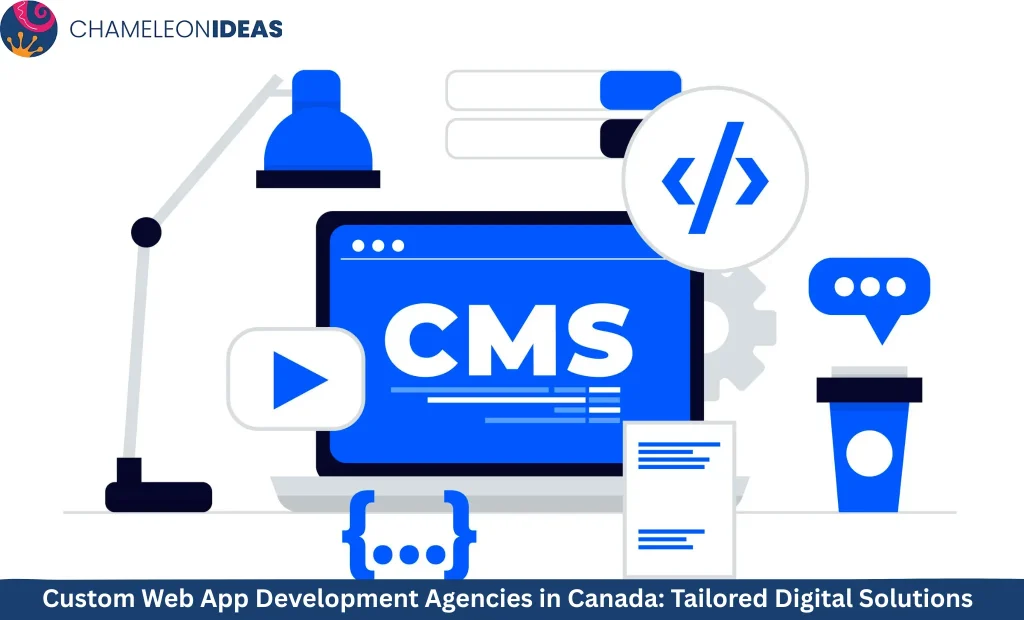 Web app development in Canada CMS illustration with computer screen, code symbols, play button and content management tools