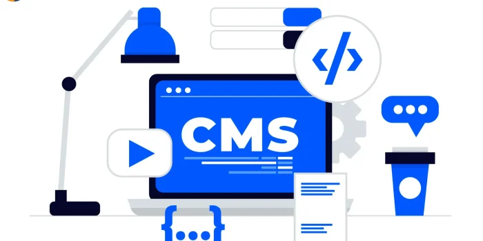 Web app development in Canada CMS illustration with computer screen, code symbols, play button and content management tools