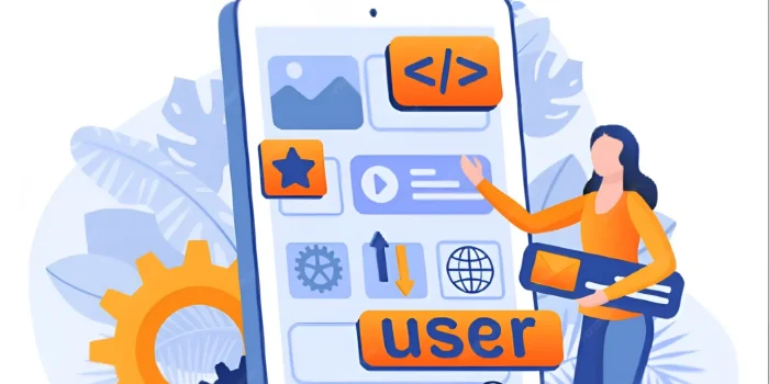 App development in Canada illustration showing woman with mobile interface featuring code, star, gear icons and "user" text